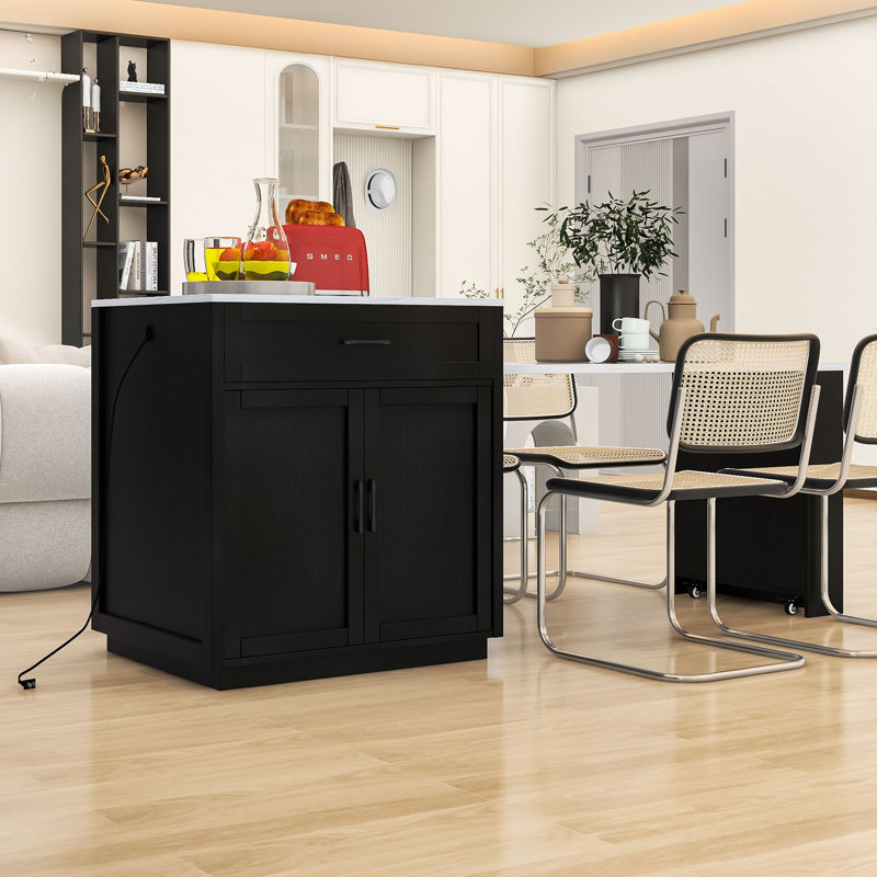 Elegant Multi-functional Kitchen Island with Extendable Dining Table, Dual Storage, and Power Outlets, Black