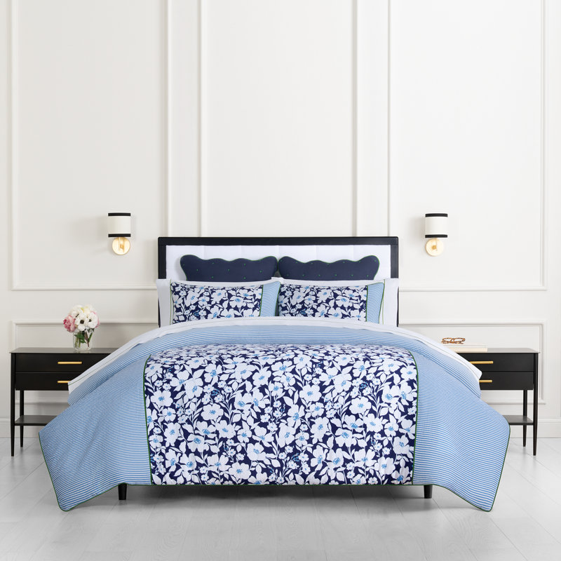 kate spade new york Anemone Field Full/Queen Comforter Set, 100% Cotton Reversible Cover, All Season 3 Piece Bedding, Machine Washable, Blue Multicolor 