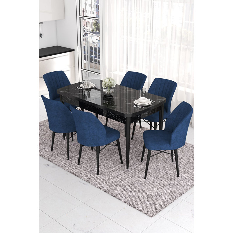 Ensemble de table et chaises de salle à manger extensible Modern (7 pièces), marbre noir et bleu marine | 100% panneau de fibres à densité moyenne avec pieds en bois, structure en métal | Table: 51,9 po x 30,7 po x 31 po (ouverture: 66,9 po) | Chaises ergonomiques avec mousse 22-28, conception élégante pour les salles à manger