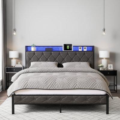 Lit de rangement rembourré avec tête de lit à DEL, charge USB et lattes en métal