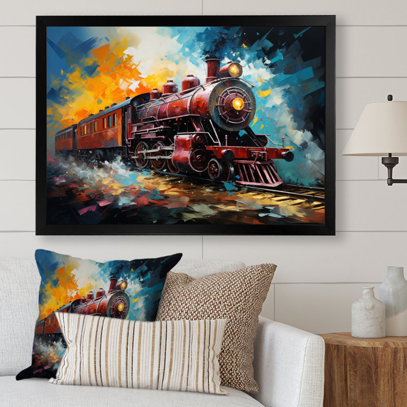 Train Dynamic Momentum Pointillism I - Transportation Canvas Art Print, H 30 po x l 40 po x P 1,5 po, Cadre photo noir