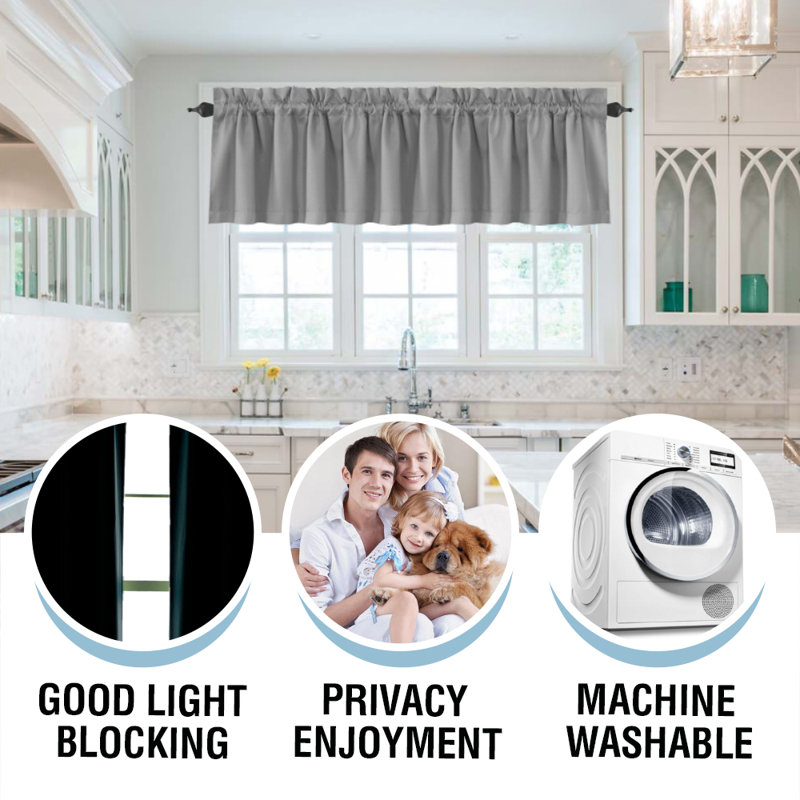 100% Blackout Curtain Valances for Kitchen Windows/Bathroom/Living Room/Bedroom Thermal Insulated Rod Pocket Valances for Windows, 2 Pack