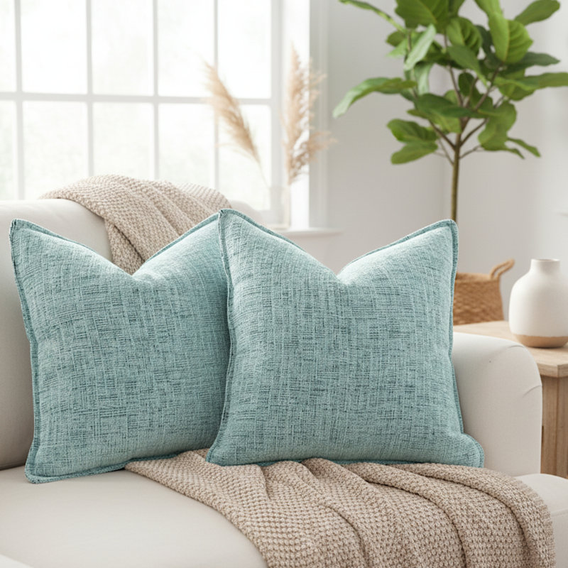 Ensemble de 2 housses de coussin en chenille à texture douce, Carré 22 po, Turquoise