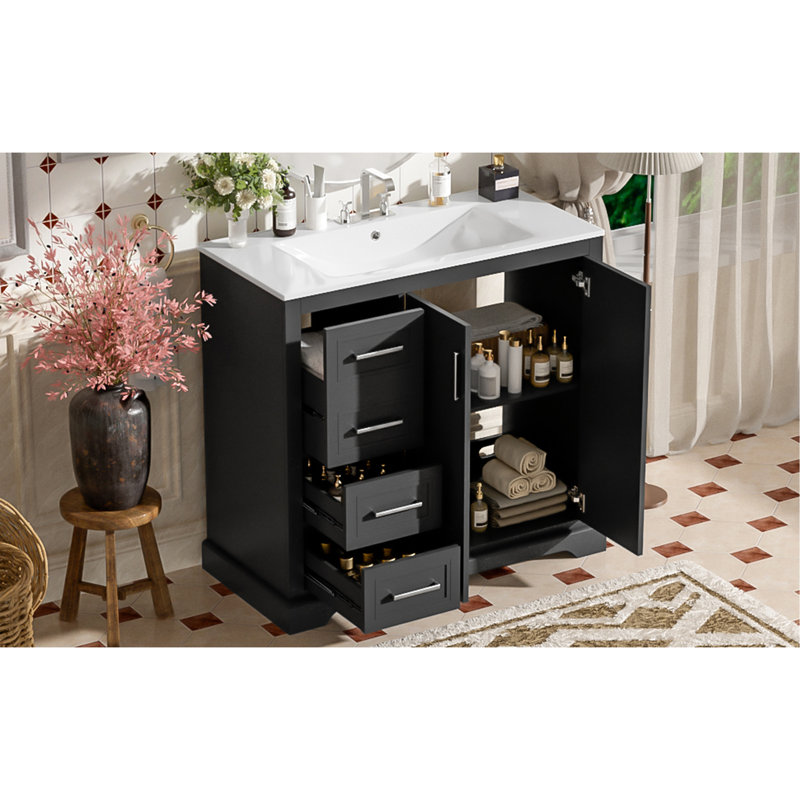 Meuble-lavabo moderne 36 po avec lavabo en céramique, porte à fermeture douce, tablette réglable et 3 tiroirs, Noir