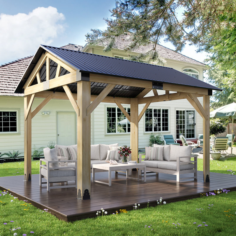 10ft×12ft GARTOO Outdoor Wood Gazebo, Hardtop Patio Gazebos with Galvanized Steel Roof, 10ft×12ft