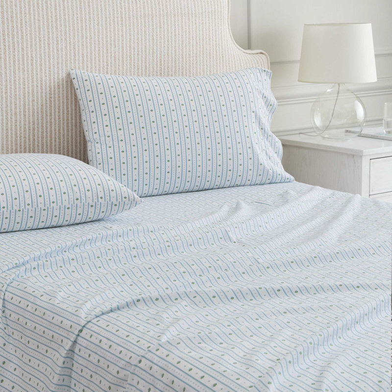Martha Stewart Cotton Percale  Sheet Set, King Sheet Set with 2 Pillowcases, Floral Stripe Blue