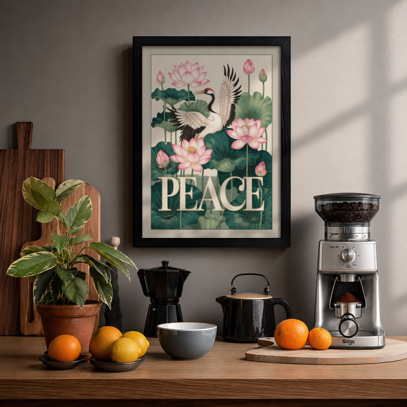 Crane Among Lotus Japandi - Framed Print, A1 - 84.1 x 59.4 cm, Black