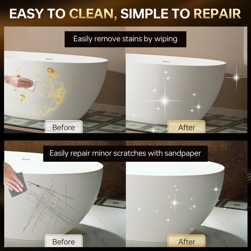 67" Freestanding Soaking Solid Surface Stone Resin Bathtub with Integrated Overflow and Pop-up Drain, Matte White