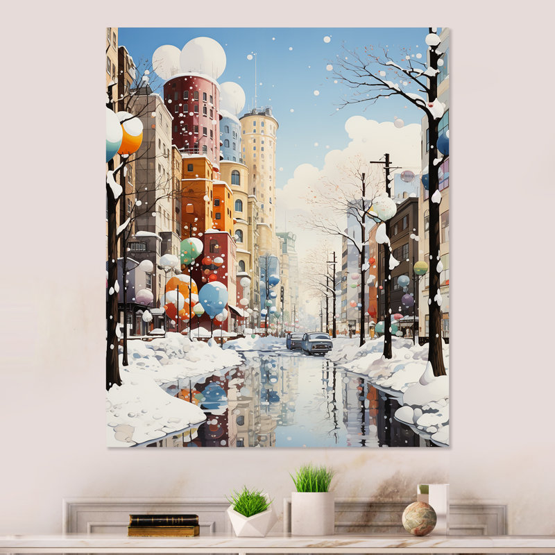 «Wintertime Cityscape Elegance - City», art mural en métal Art déco, H 20 po x l 12 po x P 1 po