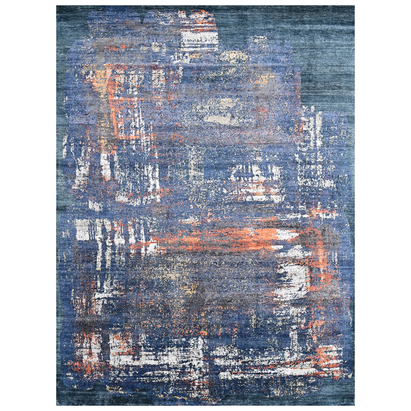 Tapis bleu foncé et rouille de haute qualité noué à la main, Rectangle 9 pi x 12 pi