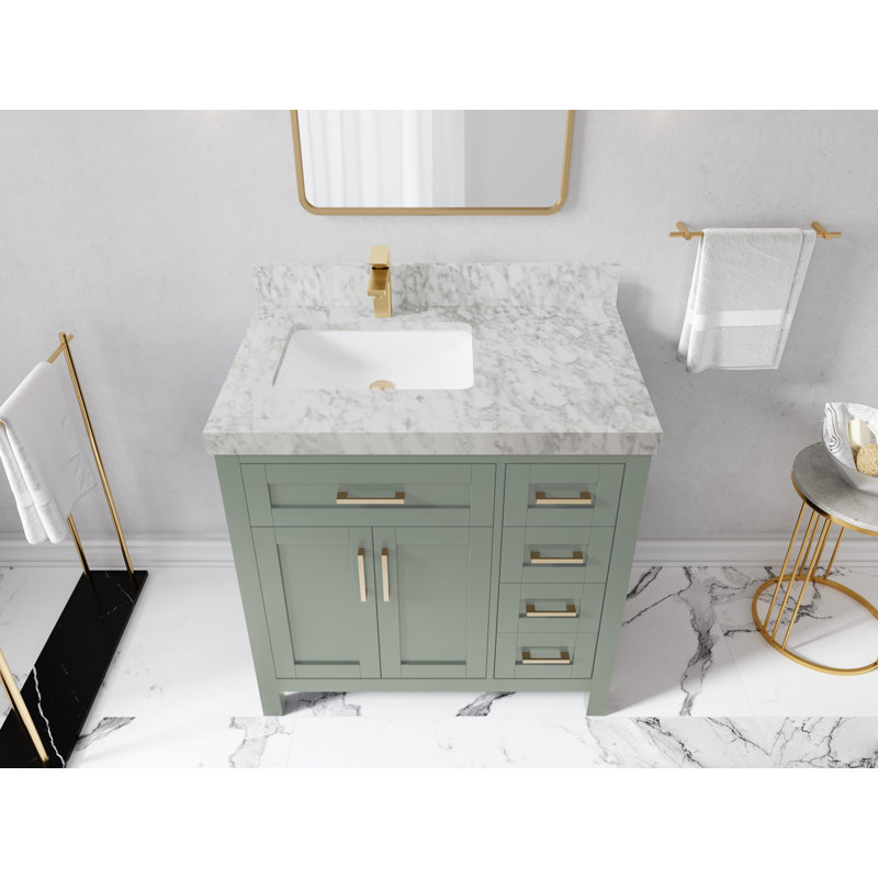 Cambridge 36 In. W X 22 In. D Left Offset Sink Bathroom Vanity In Evergreen With 2 In. Carrara Marble, Carrara Marble