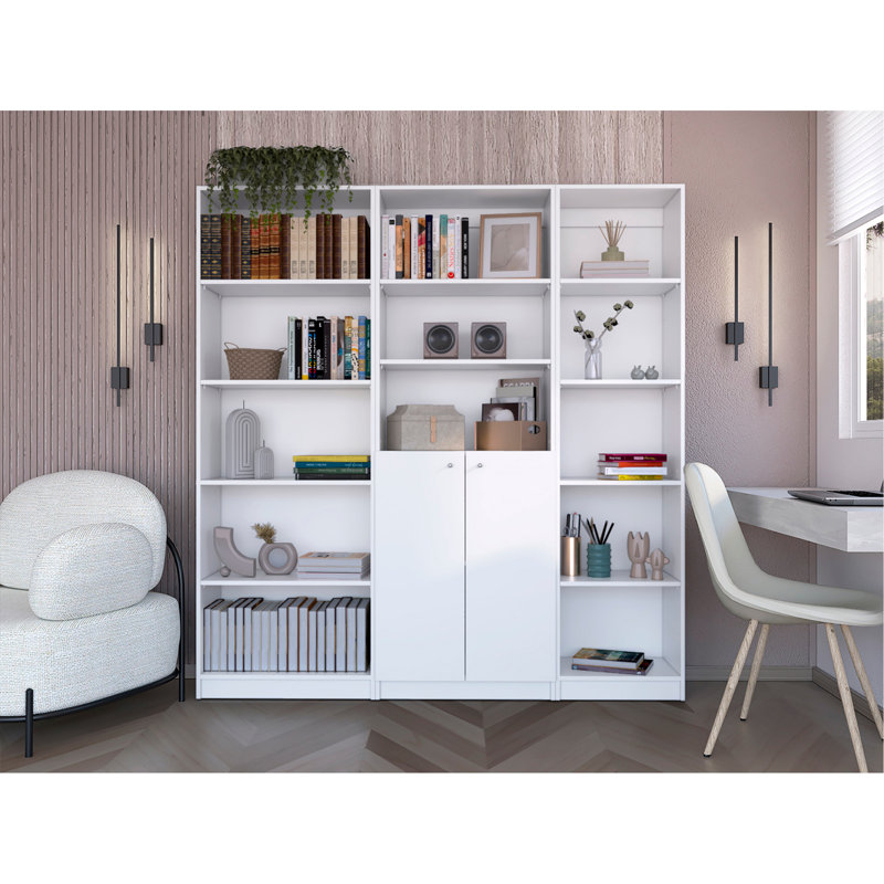 Platte 3 Piece Living Room Set With 3 Bookcases, White, White