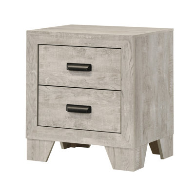 Table de chevet transitionnelle à 2 tiroirs, 1 pièce, avec quincaillerie en métal et fini bois blanchi. Mobilier de chambre en bois.