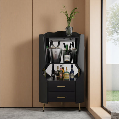 Wooden Corner Bar Cabinet With 2 Open Storage Shelves And 2 Drawers, Mirrored Back Sideboard Cabinet, High Feet/Legs For Easy Cleaning, Buffet Cabinet