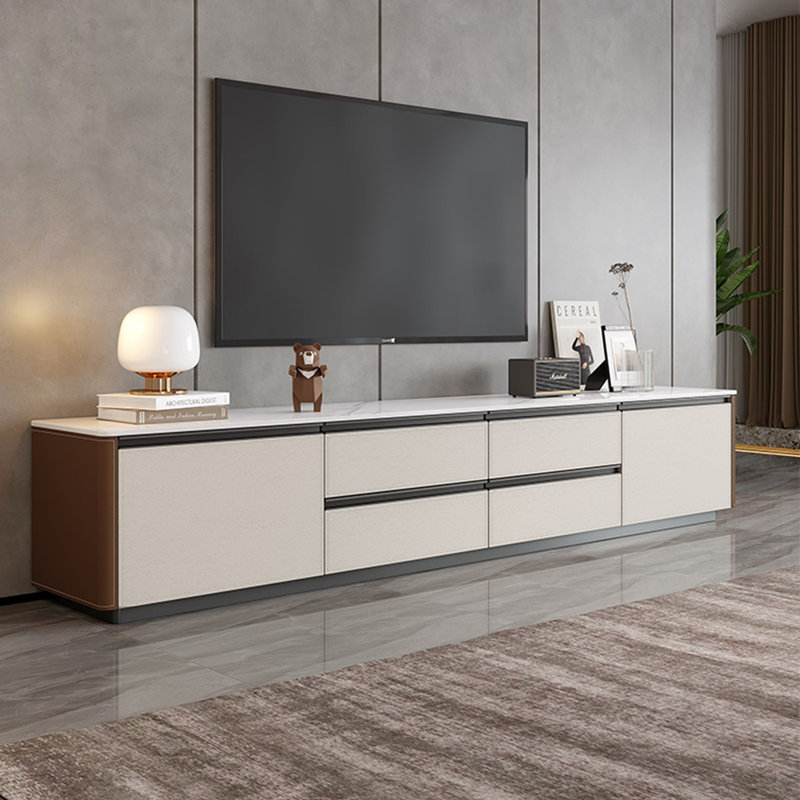 Meuble télé minimaliste de style crème, Brun / blanc-gris, L 70,87 po