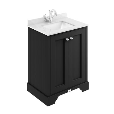 Bayswater 600mm Matt Black 2 Door Floor Standing Cabinet With 1 Tap Hole Square Basin With White Worktop