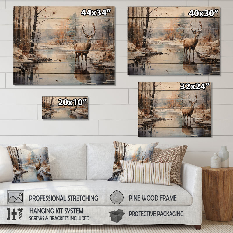 Cerf d'hiver sérénité sur bois, H 24 po x l 32 po x P 0,78 po