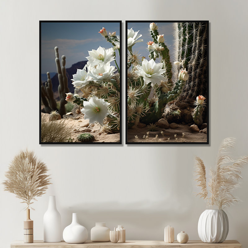 Blanc blanc vert cactus du désert - impressions sur toile blanches, Impression encadrée flottante, Black, 36" H x 48" W