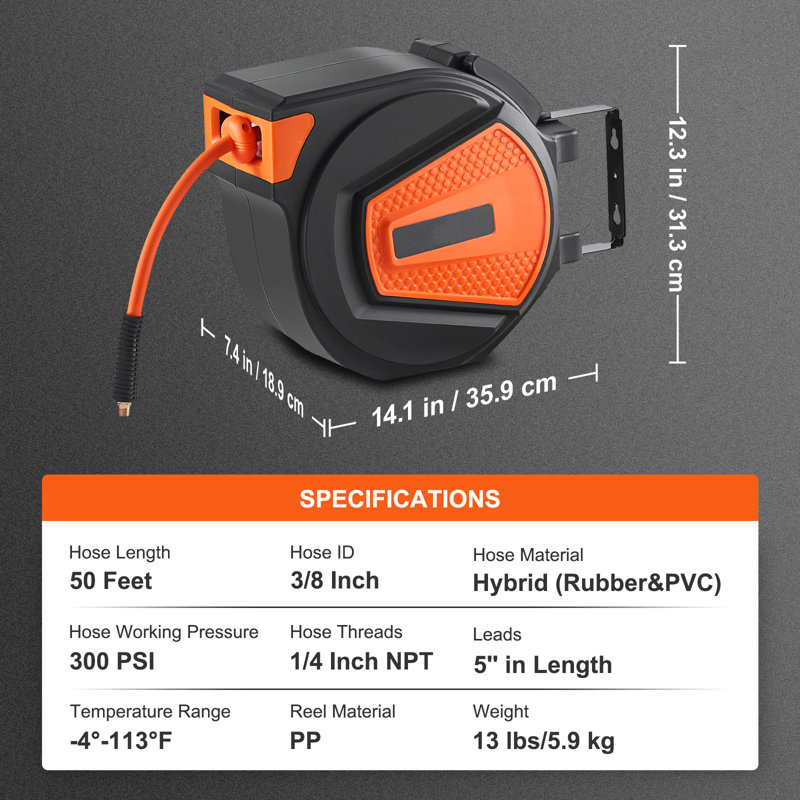Enrouleur de tuyau d'air rétractable, tuyau d'air hybride 3/8 po x 50 pi, pression maximale 300 PSI, enrouleur de tuyau pour compresseur d'air avec entrée de 5 po, support pivotant à 180°, enrouleur d'air fermé pour montage au plafond ou au mur