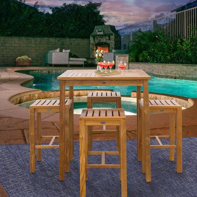 Ensemble de bar patio 5 pièces en bois de teck avec table 35 "et 4 tabourets