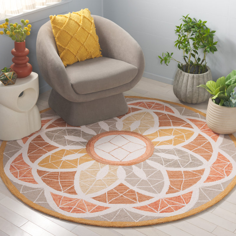 Tapis floral en laine touffeté en coton gris / doré Shamina, Rond 6 pi