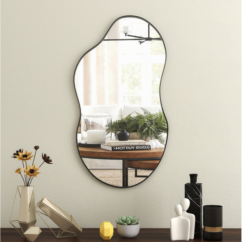 Ashane Asymmetrical Wall Mirror Metal Frame, Black, 43" x 21.4"