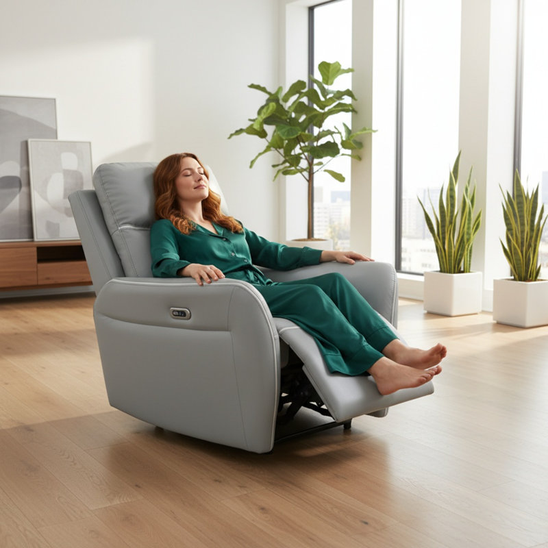Light Grey Leather Power Recliner With USB & LED Light, Silent Motor, Adjustable Angle For Living Room Relaxation & Sleep