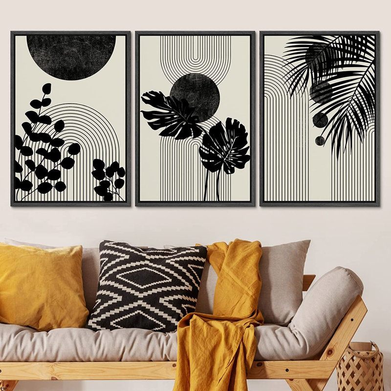«Black Mid-Century Modern Tropical Plants Boho Neutral Art Décoration», reproduction d'art encadrée sur toile, Blanc