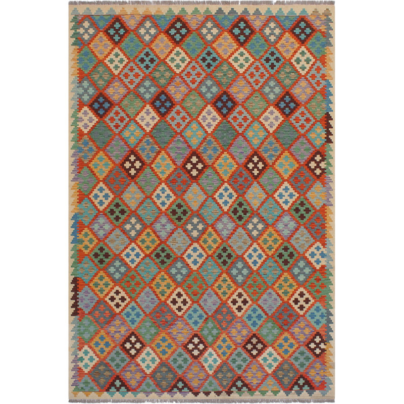 Tapis rectangulaire en laine noué à la main à motif sud-ouest de 4 pi x 5 pi 10 po Cedorah beige / vert