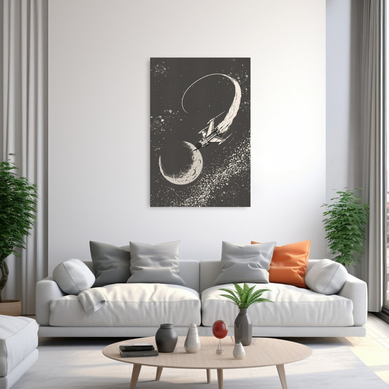 Lune vol rétro, paysage abstrait, art mural, 60" H x 40" W