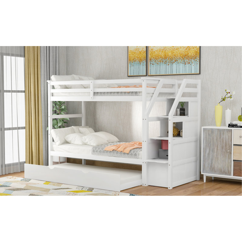 Lit superposé Twintwin avec lit gigogne et 3 escaliers de rangement blancs - Offre un arrangement de sommeil confortable et pratique pour des matériaux de qualité pour une utilisation à long terme dans une chambre à coucher