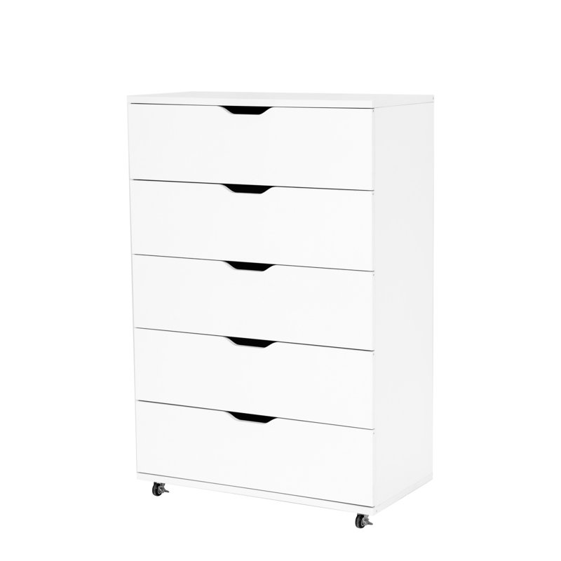 White 5-Drawer Dresser with Wheels, 29.5″ Wide, White