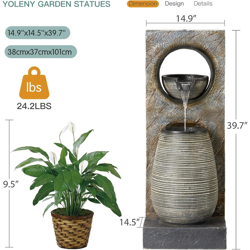 Water Fountain Outdoor with LED Lights, 39.7'' H Garden Freestanding Waterfall Fountain
