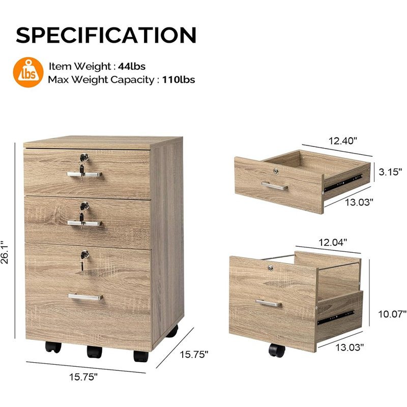3-drawer File Cabinet With Lock, Wood Rolling File Cabinet Under Desk File Cabinets For Home Office, Mobile Printer Stand & File Cabinet For Letter Sized Files, 26" H(caster Included), Oak