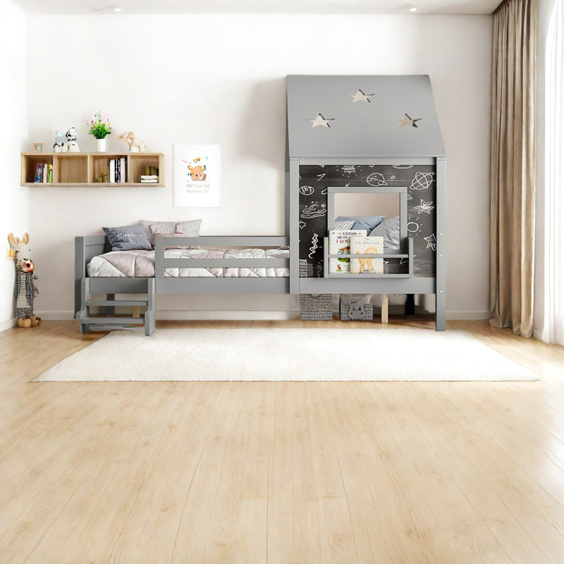 Lits multifonctionnels en bois massif avec bibliothèque et tableau noir, design gris moderne pour enfants