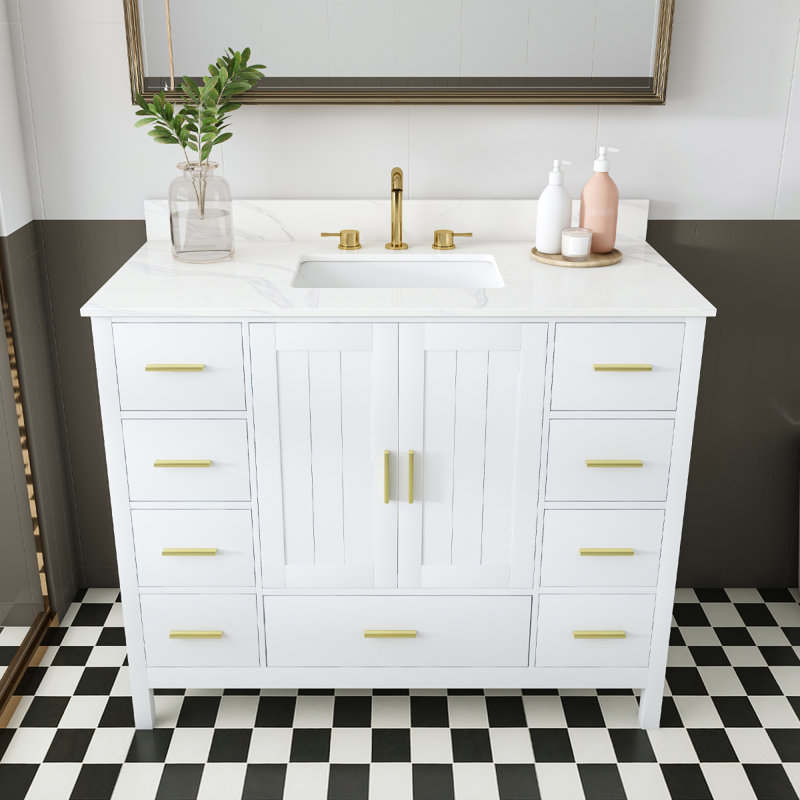 Meuble-lavabo moderne en bois massif de 42 po avec lavabo, comptoir en quartz blanc Carrara de 43 po avec 3 trous de robinet pré-percés, 2 portes doubles à fermeture douce et 9 tiroirs spacieux avec glissières (blanc)