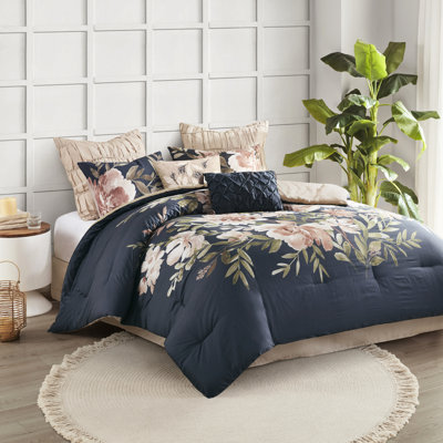 Couette 8 pièces en coton, taille King, bleu marine, motif floral, unie, taille vapeur, détails brodés, lavable à la machine