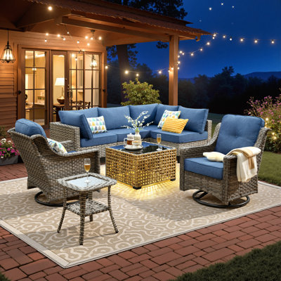 Outdoor Wicker 6 Person Seating Group With Cushions With Rocking And Swivel Chairs