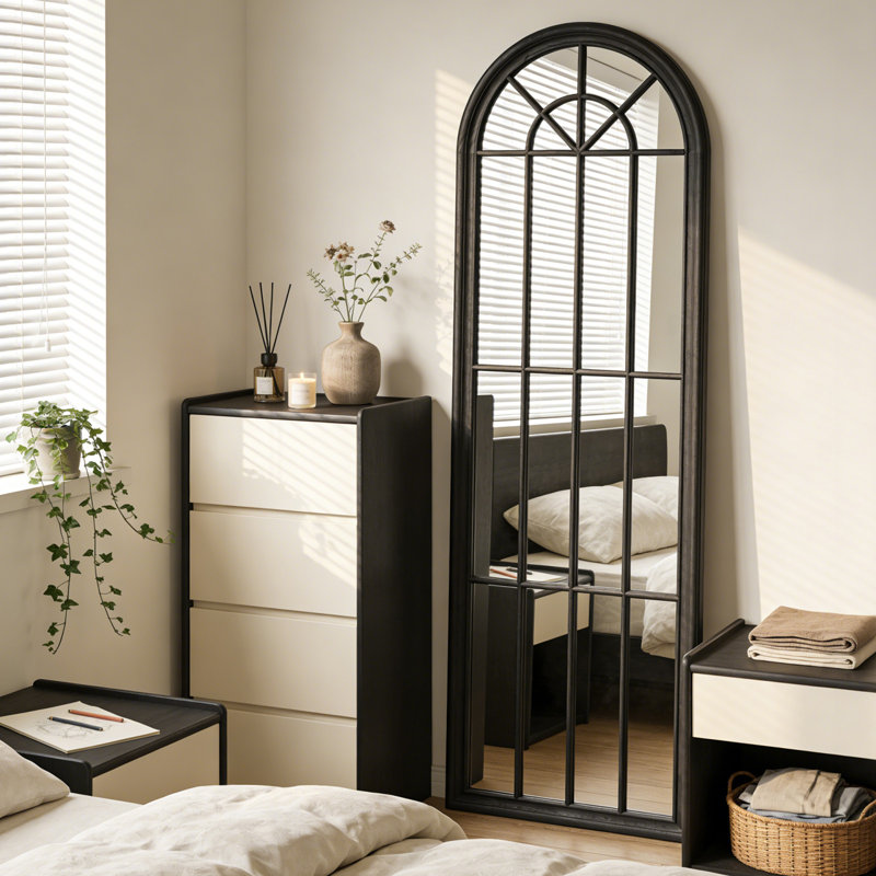 Large Arched Windowpane Full-Length Wall Mirror With Solid Wood Frame, 70" x 24", Black