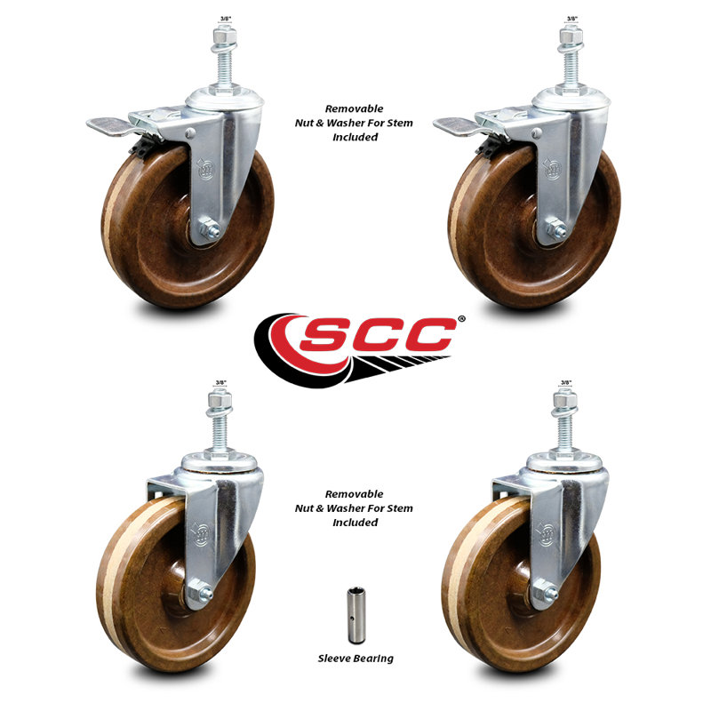 5 Inch High Temp Phenolic Swivel 3/8 Inch Stem Caster Set 2 Total Lock Brake SCC
