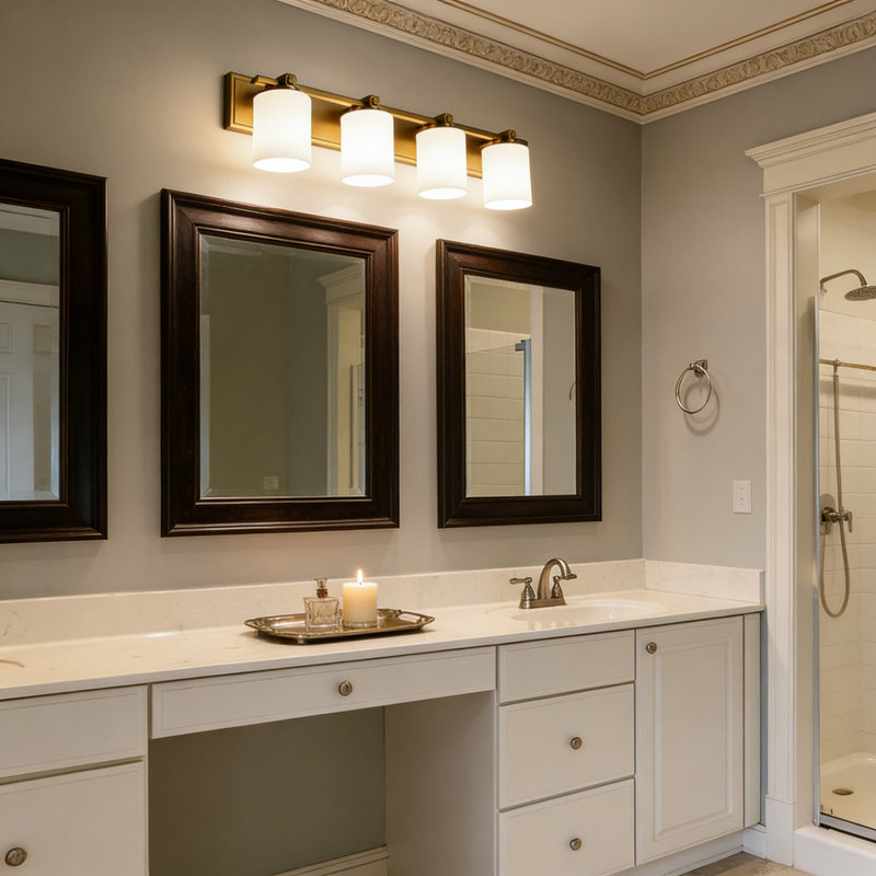 Luminaire de meuble-lavabo transitionnel en laiton vieilli avec abat-jour en verre opale, applique murale de salle de bain 4 lumières pour miroir, couloir et escalier