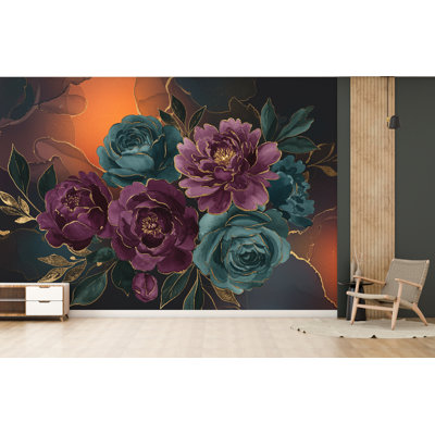 Dramatic Oversized Watercolor Floral Mural – Plum & Midnight Peonies Roses With Gold Foil | Luxury Dark Botanical Wallpaper Wall Mural 765RS (Non-Woven) RS765