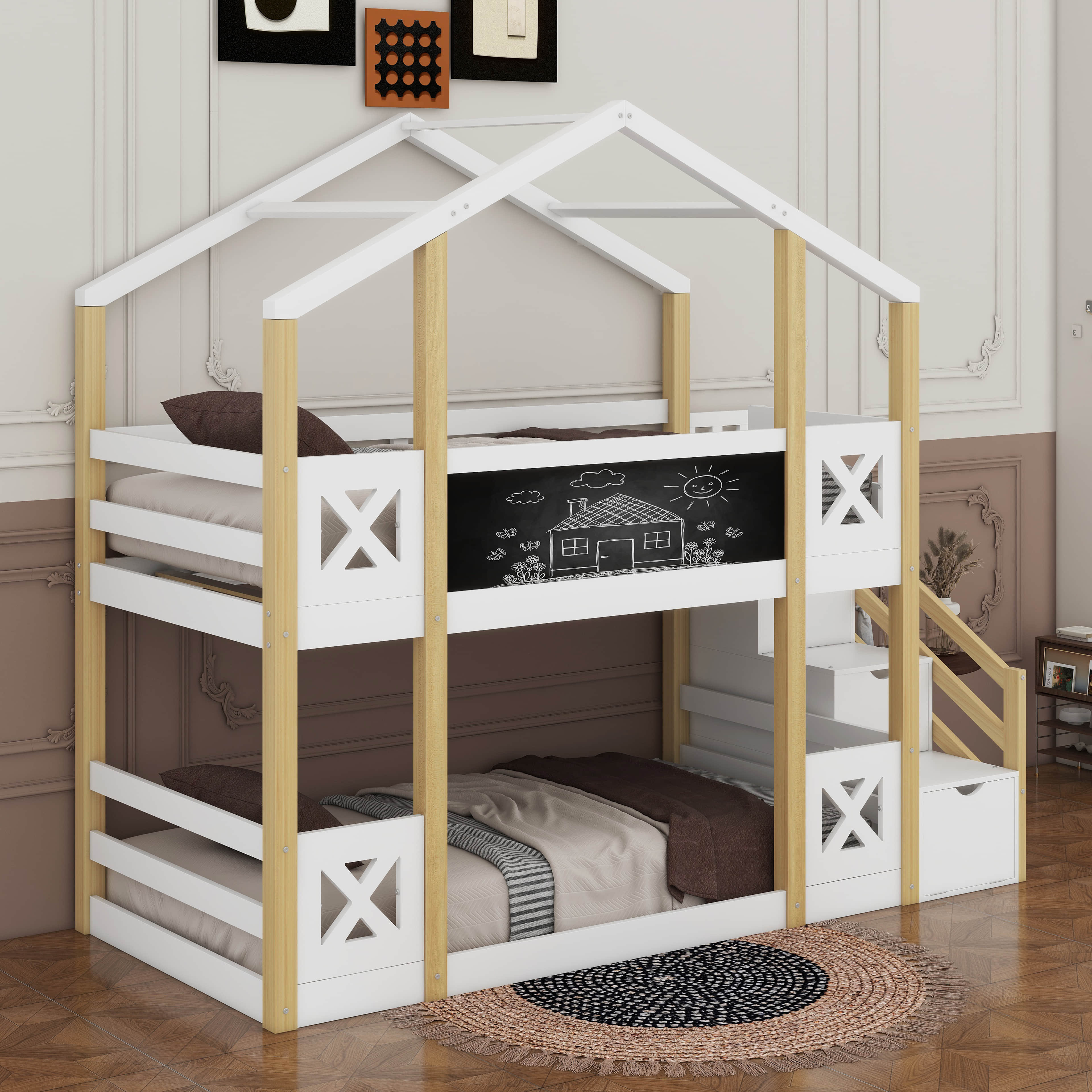 Harper Orchard Twin Over Twin House Bunk Bed With White Storage ...