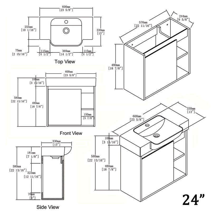 Meuble-lavabo mural 28 po avec lavabo en céramique blanche et porte à fermeture en douceur, emballage KD, chêne clair, 28"