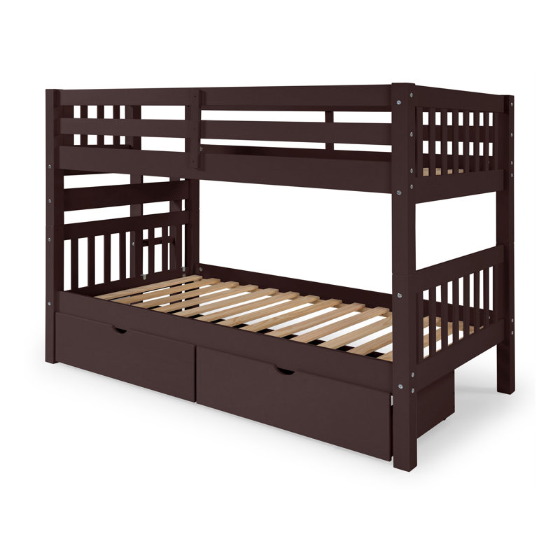 Treva Solid Wood Standard Twin over Twin Bunk Beds, 3 Step Ladder, 2 Under Bed Drawers, Dark Cherry, Dark Cherry