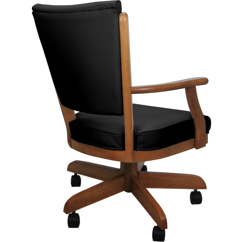 Leather Solid Wood Dining Caster Chair, Brown Wood, Black
