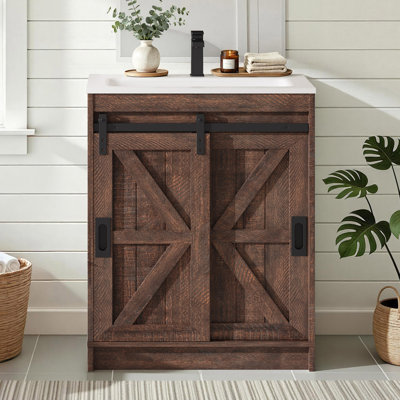 Chimira 24" Farmhouse Single Sink Bathroom Vanity With Sliding Barn Door,Brown