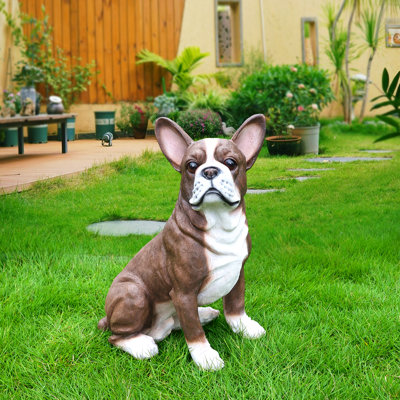 Lifelike French Bulldog Statue, Realistic Resin Animal Figurine for Indoor Outdoor Garden Lawn Yard Home Decor, Art Craft Gift, Dark brown+White
