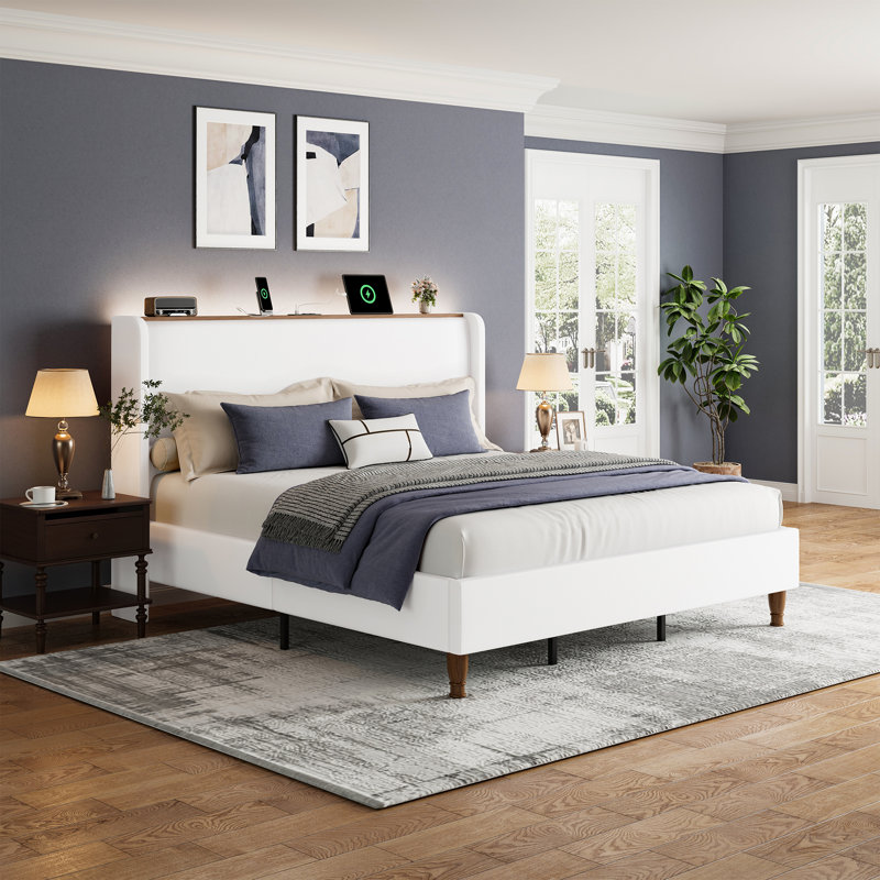 Upholstered Platform Bed With Led Lights & Charging Station, King, White