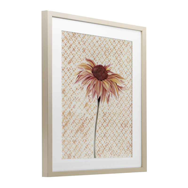 Tournesol sur motif détaillé encadré sous verre, conception de Cady, Cadre de récolte en pin, H 16 po x l 13 po